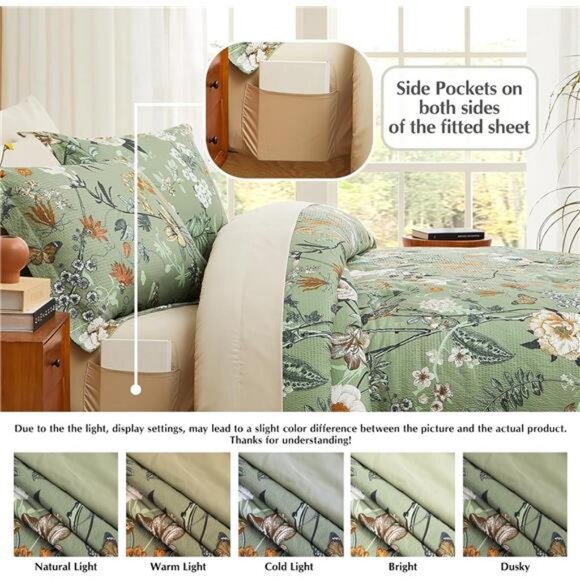 King Size Comforter Set, 7 PCS Green Floral Comforter Set - Picture 4 of 7